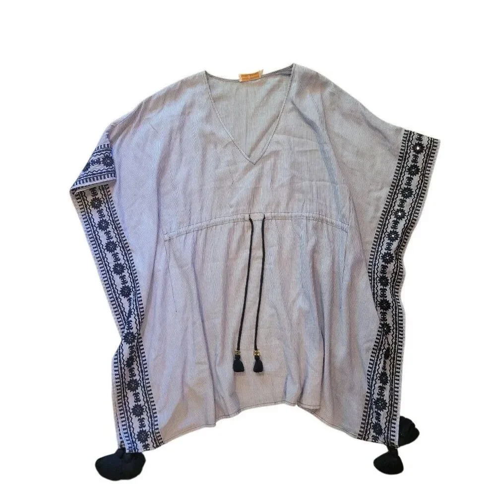 Tory Burch Swim Coverup Women's Small Blue Stripe Ravena Kaftan Tassel Resort